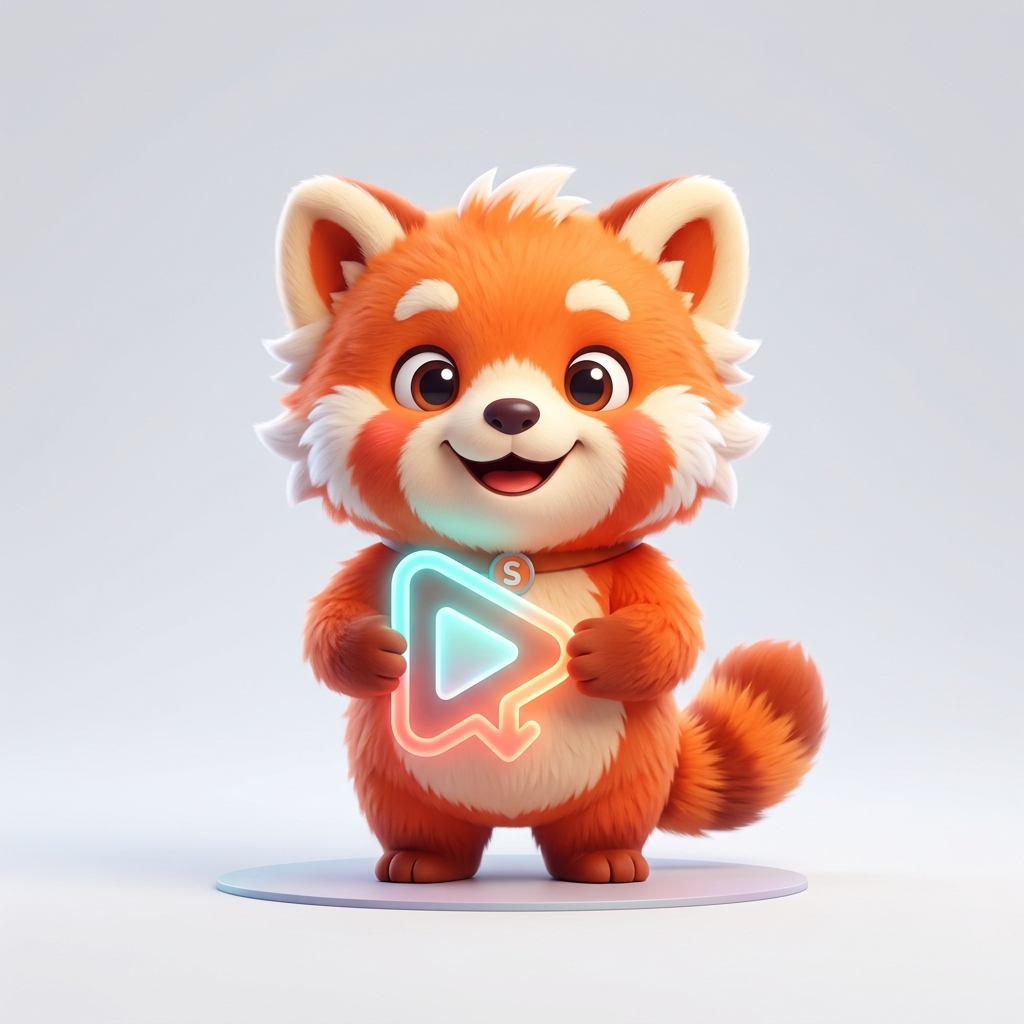 Spuffi the Red Panda mascot holding the glowing play token